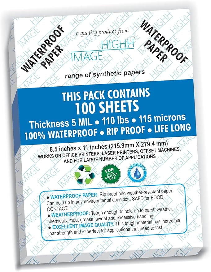 WATERPROOF Paper 100 Sheets, Thickness 5 MIL 110 LB, SYNTHETIC Paper, 8.5X11 from HIGHH IMAGE Print with Laser Printers