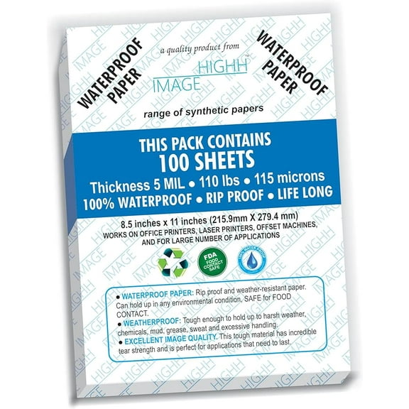WATERPROOF Paper 100 Sheets, Thickness 5 MIL 110 LB, SYNTHETIC Paper, 8.5X11 from HIGHH IMAGE  Print with Laser Printers