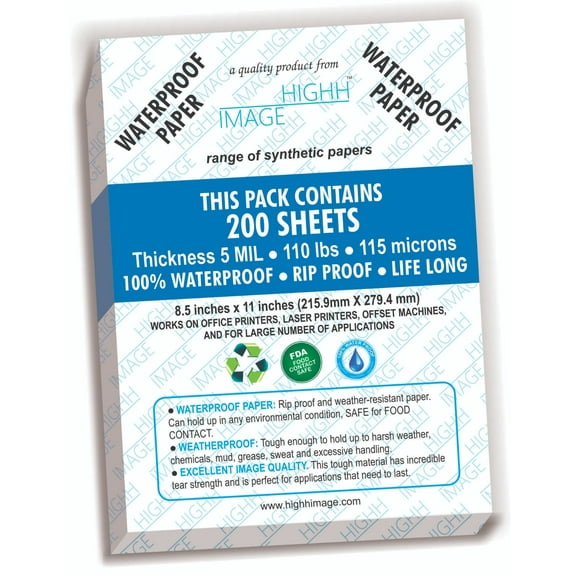 WATERPROOF Paper 200 Sheets, Thickness 5 MIL 110 LB, SYNTHETIC PAPER, 8.5X11 from HIGHH IMAGE PRINT WITH LASER PRINTERS OFFICE PRINTERS