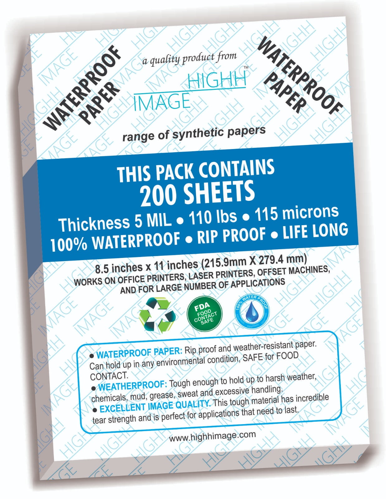 WATERPROOF Paper  200 Sheets, Thickness 5 MIL 110 LB, SYNTHETIC PAPER, 8.5X11 from HIGHH IMAGE PRINT WITH LASER PRINTERS  OFFICE PRINTERS