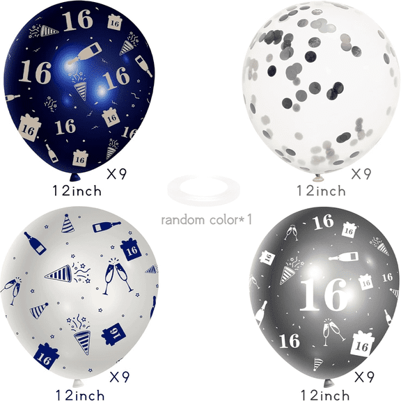 MALLMALL6 12 inch Latex Balloons for 16th Birthday Party Decoration, Navy Blue and Silver,36 Counts