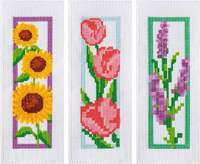 WATINC 3Pcs Cross Stitch Bookmark Kits Flower Patterns DIY Stamped Embroidery Bookmarks for