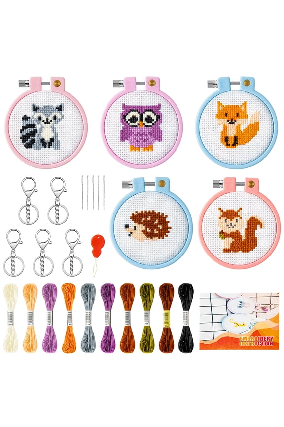 Embroidery Kit, Stamped Cross Stitch DIY Woodland Animal Patterns Keychain, 5 Pieces