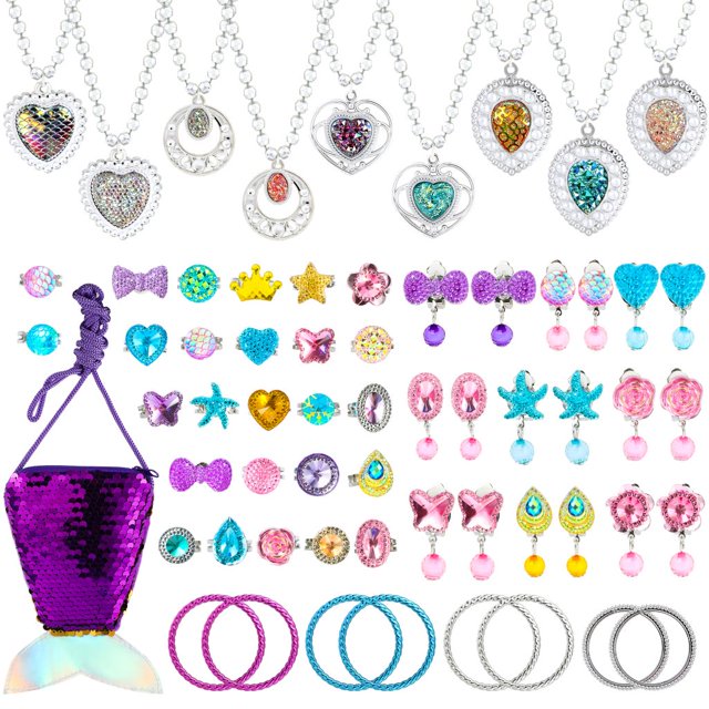 WATINC 62Pcs Mermaid Princess Pretend Jewelry Toy Girl’s Jewelry Dress