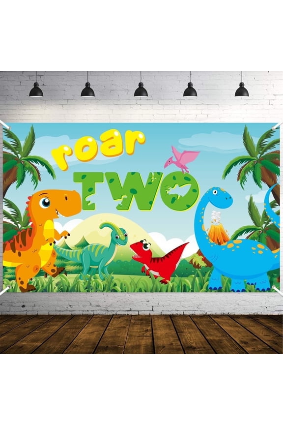 Roar Two Birthday Backdrop Banner Dinosaur Theme 2 Year old