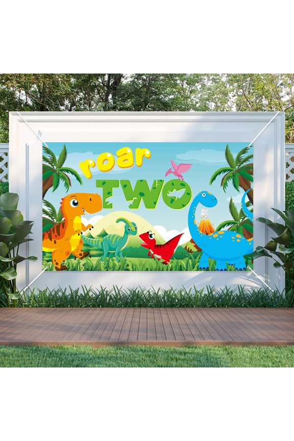 Roar Two Party Banner,3" x 43" Polyester Hanging Backdrop, Dinosaur, Multicolor,1pack
