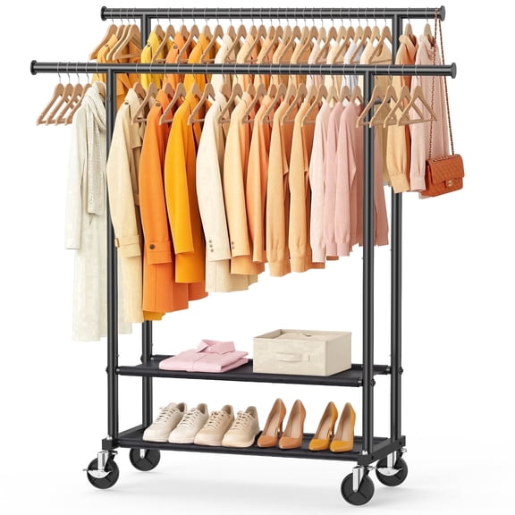 WATIOWL Rolling Clothes Rack with Double Rods, Portable Metal Garment Rack with 2-Tier Fabric Shelves, Freestanding Clothing Rack with Wheels for Bedroom Laundry, Black