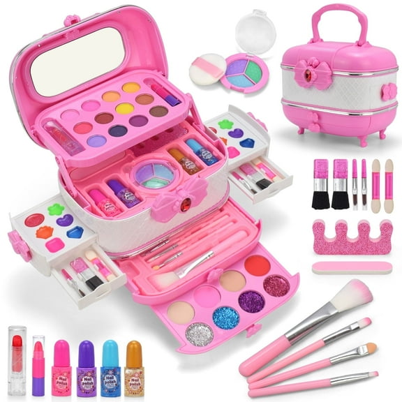 WATTNE Kids Makeup Kit for Girl, 55 Pcs Girl Toys Kids Makeup Set with Real Cosmetic, Washable Make Up Kit, Pretend Play Makeup Toys for 3 4 5 6 7 8 9 10 11 12 Years Old Kids Birthday Gifts (Pink)