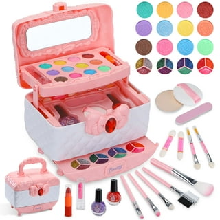 Kids Pretend Makeup Kit with Cosmetic Bag for Girls 4-10 Year Old -  Including Pink Brushes, Eye Shadows, Lipstick, Mascare, Gittler Pot, Liquid