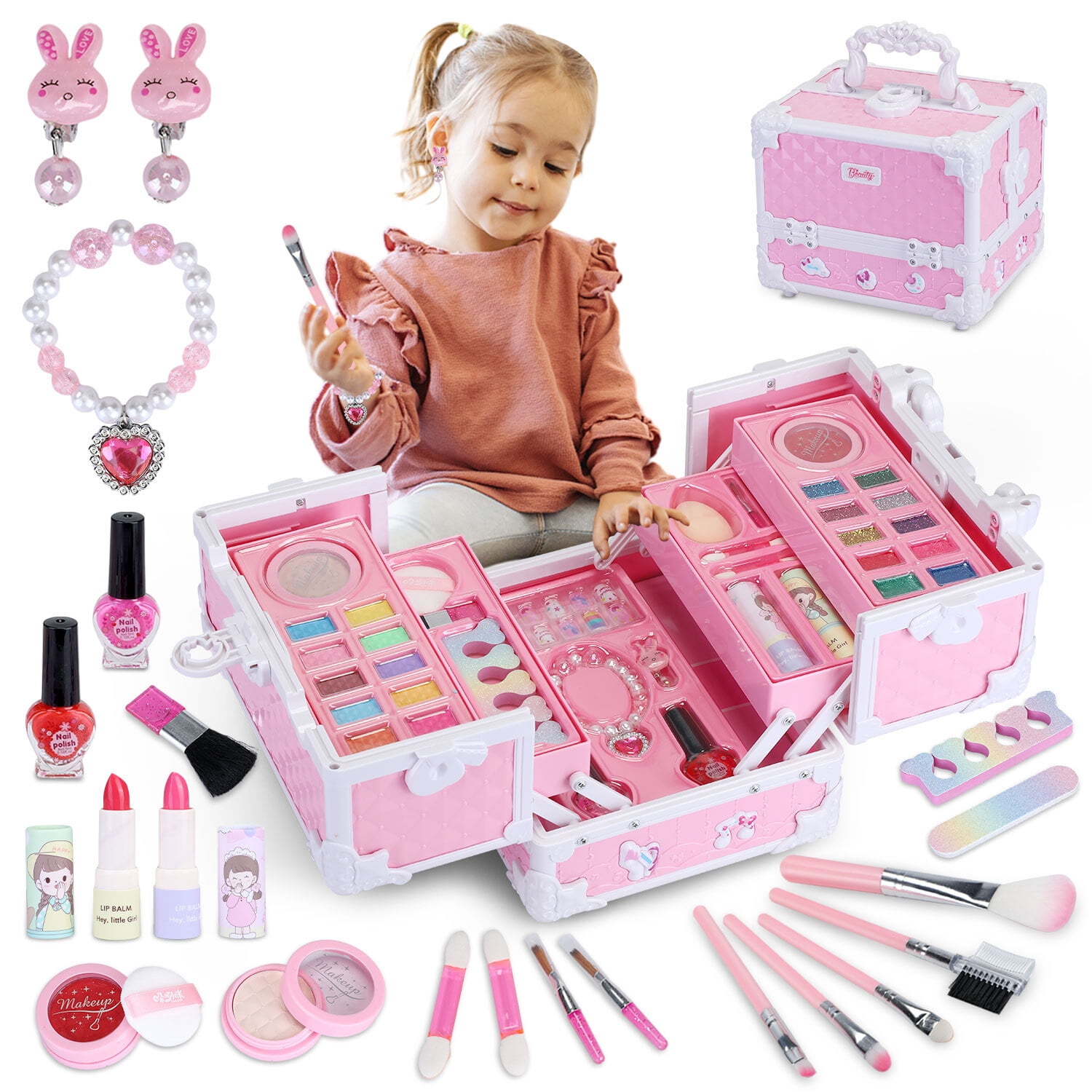WATTNE Kids Makeup Kit for Girls 47Pcs Washable Real Cosmetic, Safe ...