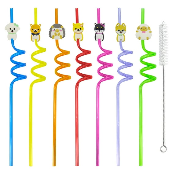 WATUNID 14pcs Reusable Colorful Plastic Straws, Dog Theme Drinking Straw with Cleaning Brush(11inch)