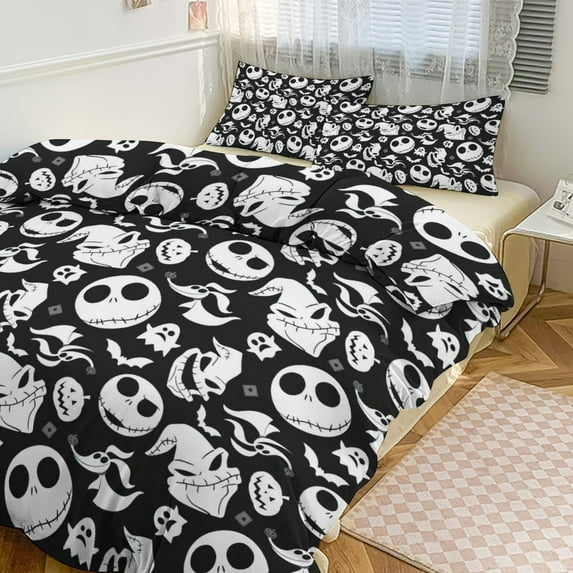 WAUOEMY Nightmare Before Christmas Jack Sally Comforter Bedding Set Cover 3 Piece with 2 Pillow Shams for Kids And Adults Bedroom Bed Decor (1 Duvet Cover+ 2 Pillow Shams)