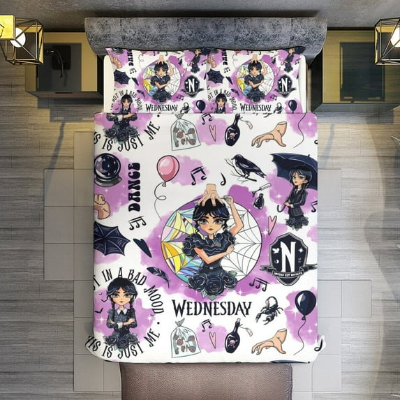 WAUOEMY Wednesday Addams Comforter Bedding Set Cover 3 Piece with 2 Pillow Shams for Kids And Adults Bedroom Bed Decor (1 Duvet Cover+ 2 Pillow Shams) Wednesday Addams-86"x70"