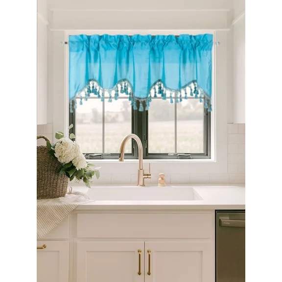 Gorgeous Home Linen Wave Aqua Blue 1Pc Elegant Faux Silk Rod Pocket Swag Waterfall Ascot Dressing Window Valance with Tassels, 55" X 18"