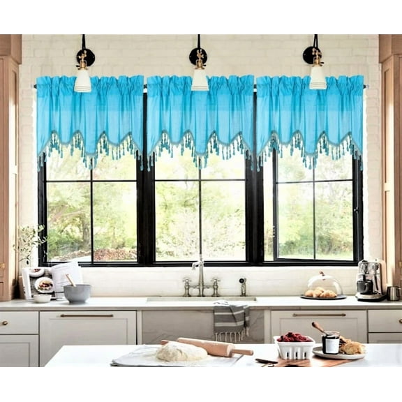 WAVE AQUA BLUE 1 Elegant Faux Silk Rod Pocket Swag Waterfall Ascot Dressing Window Valance with Tassels, 55" X 18" for kitchen bedroom décor