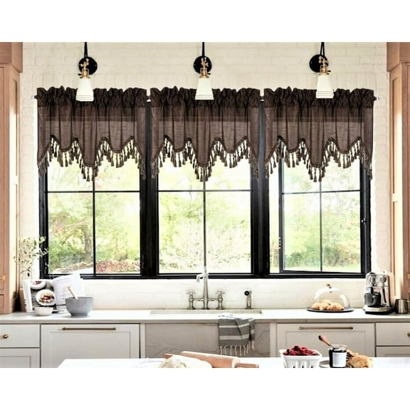 WAVE BROWN 1 Elegant Faux Silk Rod Pocket Swag Waterfall Ascot Dressing Window Valance with Tassels, 55" X 18" for kitchen bedroom décor