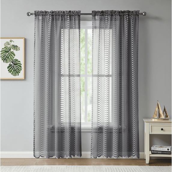 WAVE - Lace Semi Sheer Curtains - Set of Two Panels Rod Pocket Voile Curtain for Living Room Bedroom and Kitchen (54" W x 63" L, Grey)