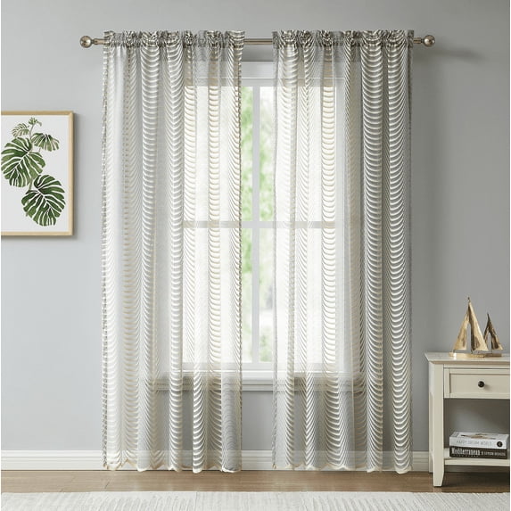 WAVE - Lace Semi Sheer Curtains - Set of Two Panels Rod Pocket Voile Curtain for Living Room Bedroom and Kitchen (54" W x 84" L, Beige)