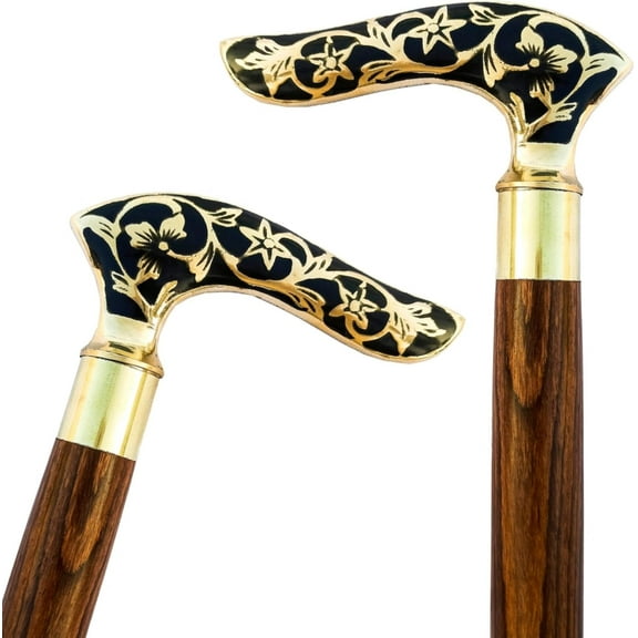 WAVE NAUTICAL Brass Walking Solid Vintage Designer Victorian Simple Wooden Cane Antique Style Folding Walking Stick 36" Inches with Brass Handle for Men and Women