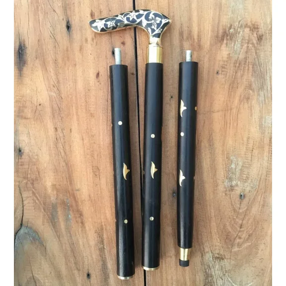 WAVE NAUTICAL Brass Walking Solid Vintage Designer Victorian Simple Wooden Cane Antique Style Folding Walking Stick 36" Inches with Brass Handle for Men and Women