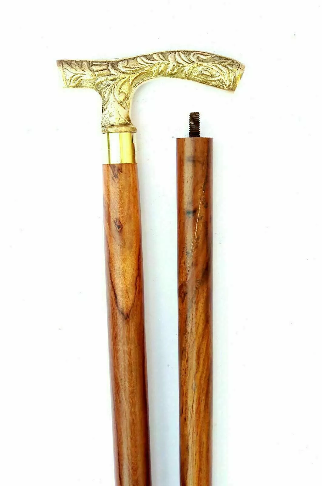 Vintage Brass Handle Walking Cane - 36 Inch Antique Style Wooden Walking Stick