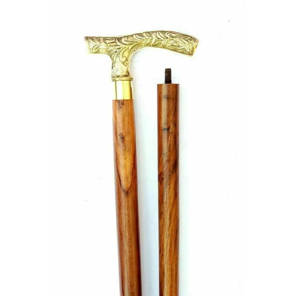 WAVE NAUTICAL Brass Walking Solid Vintage Designer Victorian Simple Wooden Cane Antique Style Folding Walking Stick 36" Inches with Brass Handle for Men and Women
