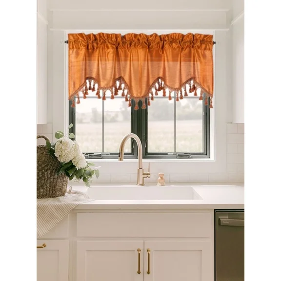 Gorgeous Home Linen Wave Orange 1Pc Elegant Faux Silk Rod Pocket Swag Waterfall Ascot Dressing Window Valance with Tassels, 55" X 18"