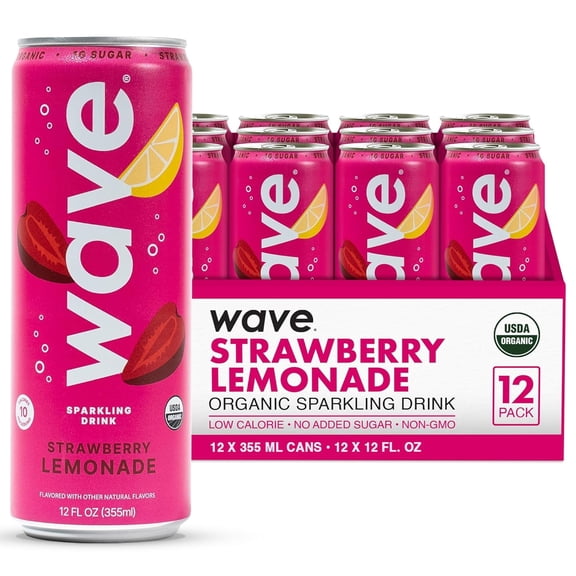 WAVE Organic Sparkling Drink | Low Calorie Drink, Strawberry Lemonade Lightly Carbonated | Great Natural Soda Alternative | USA Made Kosher No Added Sugar, Color, & Artificial Ingredients |12 Pack