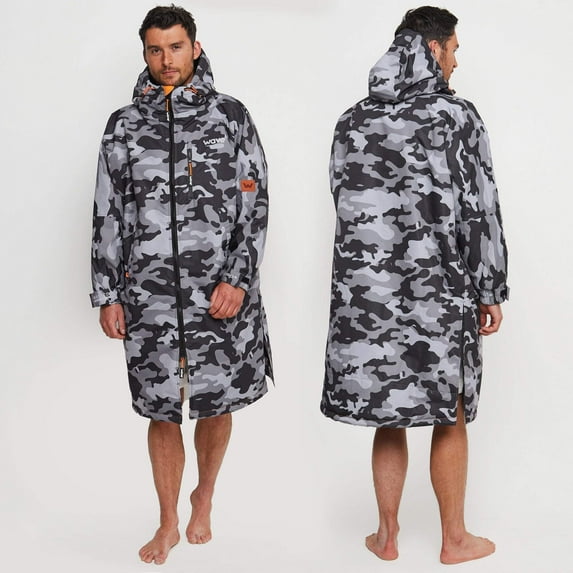 WAVE Oversized Waterproof Fleece-Lined Changing Robe | Quick Dry Wetsuit Changing Coat | Unisex | Gray Camo | Large