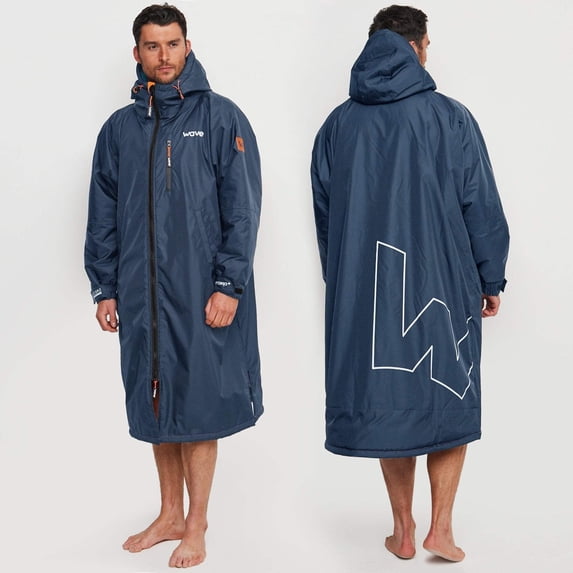 WAVE Oversized Waterproof Fleece-Lined Changing Robe | Quick Dry Wetsuit Changing Coat | Unisex | Navy | Medium