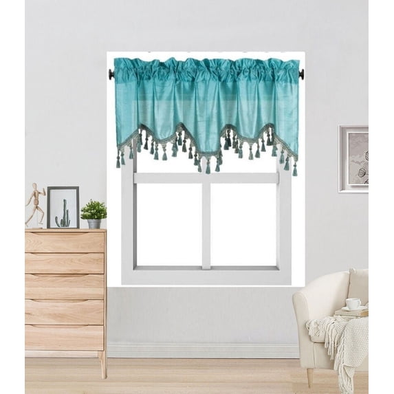 WAVE Rod Pocket Faux Silk Window Ascot Beaded Tassel Swag Topper Valance 55"x18"