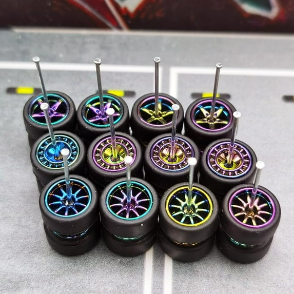 1/64 Wheels and Tires,Chameleon Color for Upgrade Mainline Diecast Model Cars,Rael Rider Series,One Pack has 6 sets,Three styles and 2 sets Each style.(Chameleon wheels)