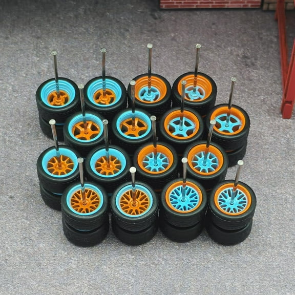 1/64 Wheels and Tires,Detachable wheels, Orange and Blue color for Upgrade Mainline Diecast Model Cars,Real Rider Series,8 sets a pack.(MBK11)