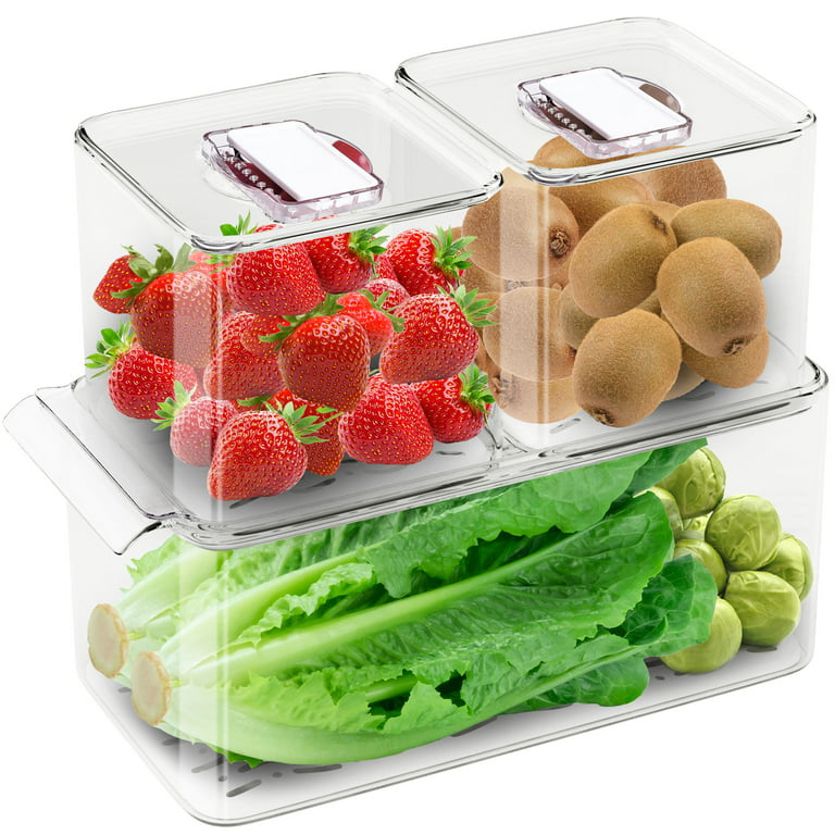 WAVELUX Produce Saver Containers for Refrigerator, Food Fruit Vegetables  Storage, 3 Pcs Stackable Freezer Fridge Organizer, Fresh Keeper Drawer Bin