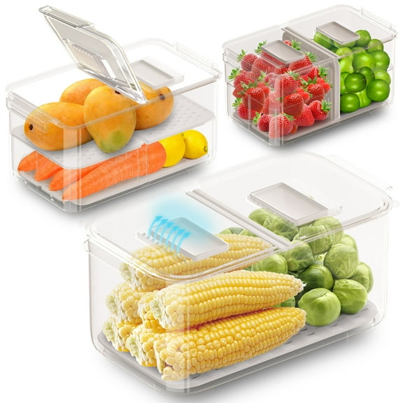 WAVELUX Produce Saver Containers for Refrigerator, Food Fruit Vegetables Storage, 3Pcs Stackable Fridge Organizer, Fresh Keeper Drawer Bin Basket with Vented Lids , Removable Drain Tray & Folding Lid…