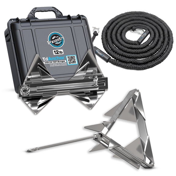 WAVESRX 12lb TriAnchor - Stainless Steel Folding Anchor with 14ft AnchorMate Bungee Line (14'-50') | Effortless Anchoring for Jet Skis,Dinghies & Skiff Boats | Unique Folding Design with Storage Case