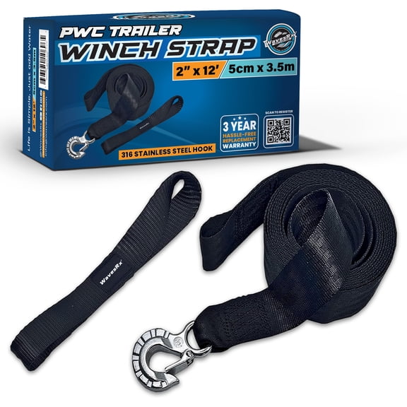 WAVESRX 2" x 12' Boat Trailer Winch Strap Replacement with Marine Grade Stainless Steel Hook