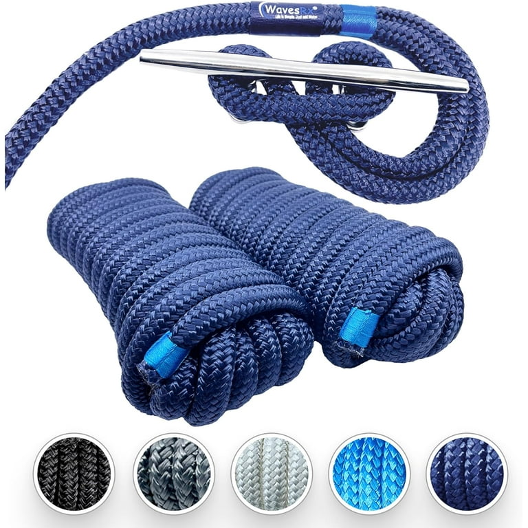 WAVESRX 3/8'' x 15' Premium Dock Lines for Boats & PWCs (2PK), Hi-Performance Mooring Rope Made From Marine-Grade Double Braided Nylon to  Resist Sun and Saltwater