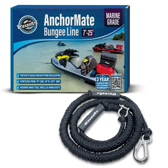 WAVESRX 7'-25' AnchorMate Bungee Line | Safer Anchoring for Jet Skis & PWCs | Elastic Rope Extends to Absorb Wake Tugs and Keep Anchor from Dislocating
