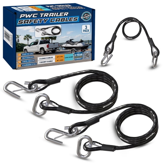 WAVESRX Trailer Safety Cables 3-Pack - Self-Coiling Safety Chain Replacement for Boat, PWC & Utility Trailer Towing - Corrosion-Resistant Stainless Steel Quick-Connect Snap Hooks with Safety Latches