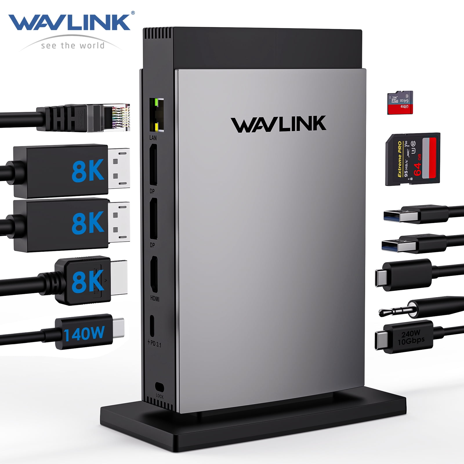 WAVLINK 11-in-1 Laptop Docking Station with 8K Displayport*2 + 8K HDMI, Triple Display USB C Dock with 140W Power, RJ45, 10G USB-C, SD/TF Slot, USB 3.0*2, Audio/Mic, for M1/M2/M3&Windows Laptops