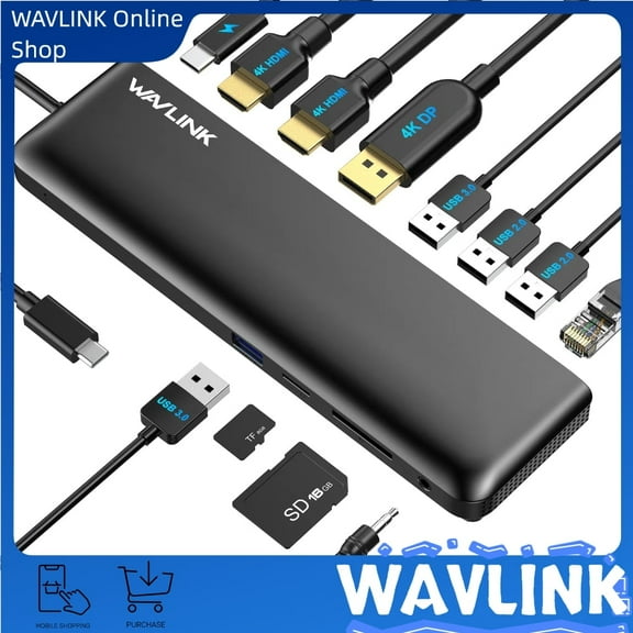 WAVLINK 12-in-1 USB C Triple Display Docking Station, Support 85W Charging for PC, Max 4K@60Hz with DisplayPort, HDMI, PD, USB 2.0/3.0, Gigabit Ethernet, SD/TF Slot, Audio Jack for Windows&Mac