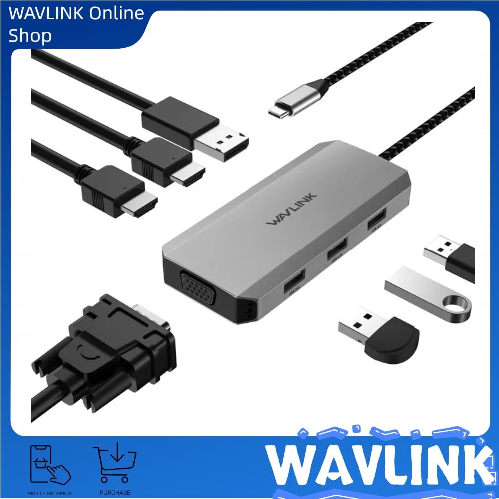 WAVLINK 7-IN-1 Multiport Adapter USB C Laptop Docking Station Quad Monitor with dual 4K HDMI, 4K DP, VGA, 3xUSB2.0