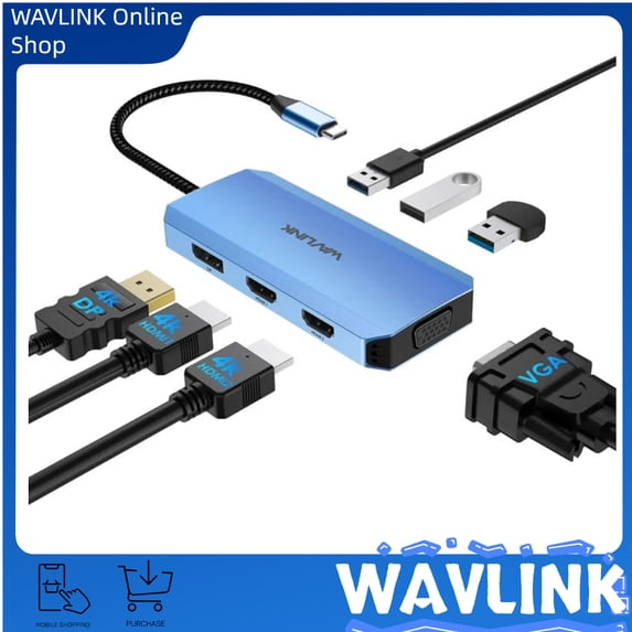 WAVLINK 7-IN-1 Multiport Adapter USB C Laptop Docking Station Quad Monitor with dual 4K HDMI, 4K DP, VGA, 3xUSB2.0