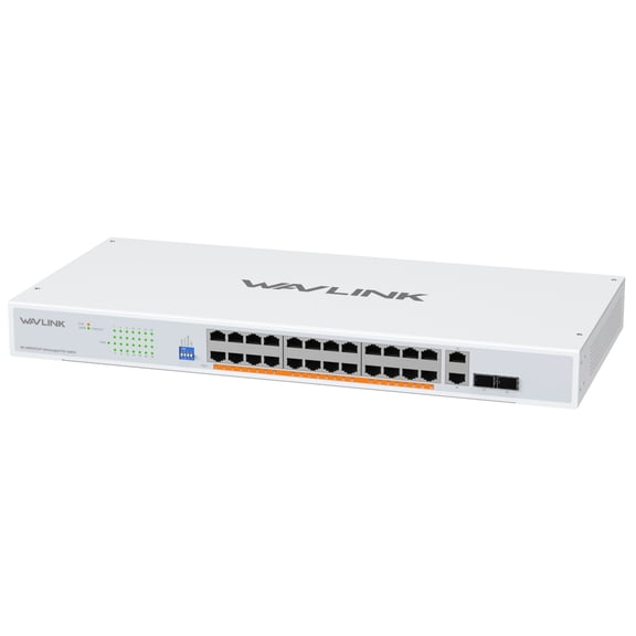 WAVLINK Gigabit Ethernet Switch, 28 Port Unmanaged Switch with 24 PoE, 2 SFP & 2 Gigabit Port Uplink, Total PoE+ 250W, Support 802.3af/at, VLAN, LAG, Extend, PD-Alive Mode - Desktop/ Rackmount