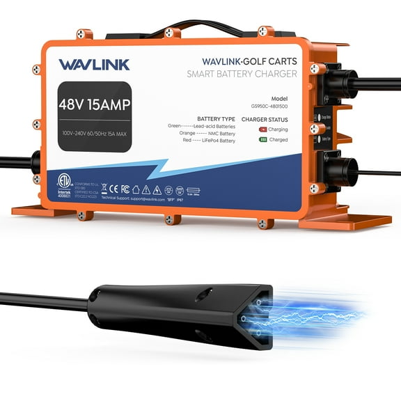 WAVLINK Golf Cart Smart Battery Charger GS950C - 48V 15A Max, 810W Output, IP67 Waterproof, LiFePO4/NMC/Lead-Acid Compatible, Intelligent Charging with CPU-Controlled PWM Technology