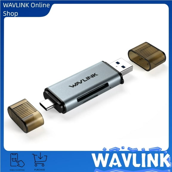 WAVLINK SD Card Reader, 2-in-1 USB C+USB3.0 TF Memory Card Reader Adapter for SD TF SDXC SDHC MMC RS-MMC TFXC TFHC UHS-I, Compatible with MacBook Air/Pro, iPad Pro, Android Phone, PC