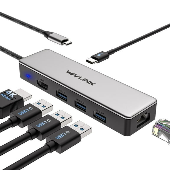 WAVLINK USB C Hub, Gigabit Ethernet USB Adapter| 4K@30Hz HDMI, 100W charging for Windows & Mac