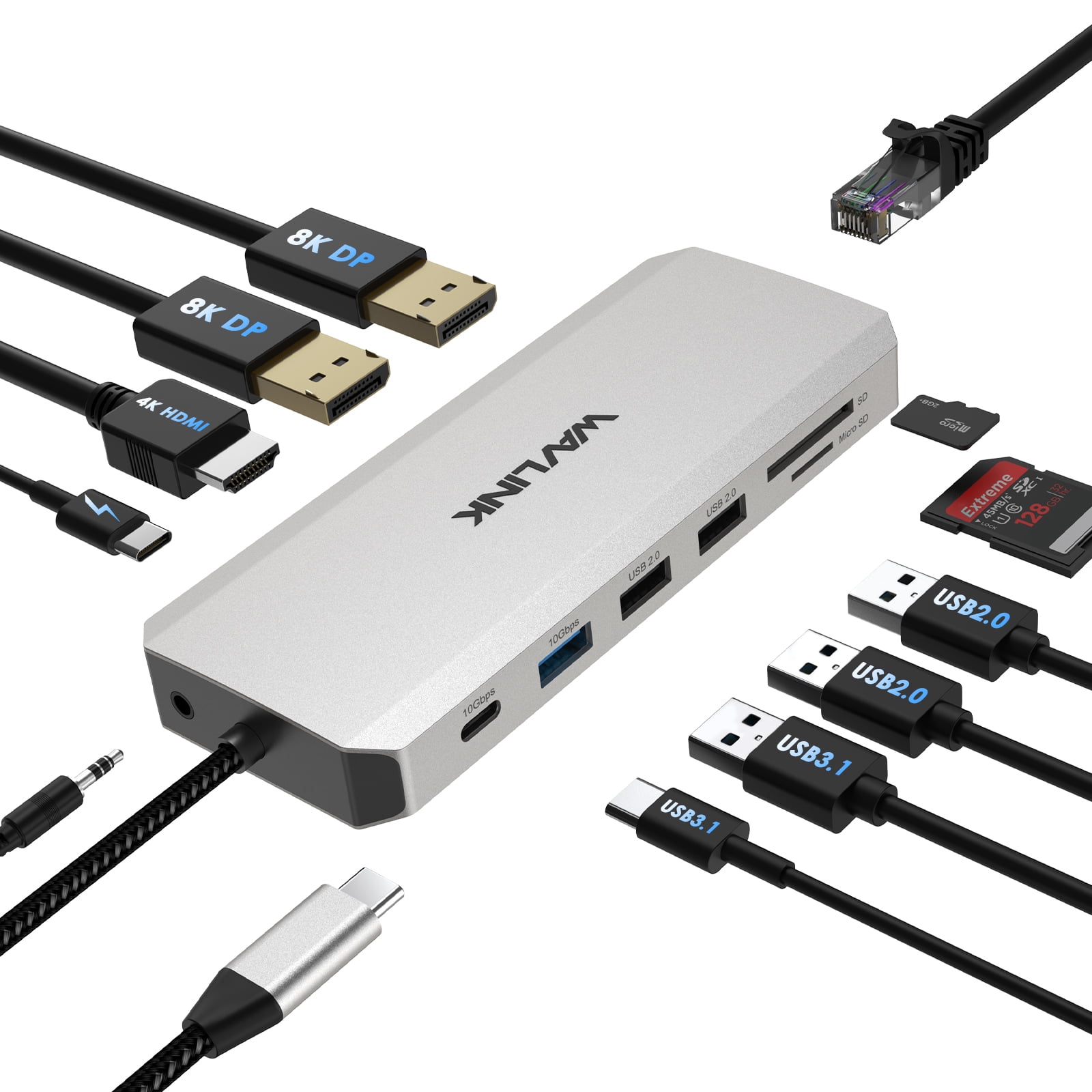 WAVLINK USB C Hub Triple Monitor, 12-in-1 Laptop Docking Station, Multiport Adapter with 4K HDMI, Dual 8K DP, 100W PD, 10Gbps USB3.1, USB2.0, RJ45, SD/TF Slots, Audio/Mic, for MacBook/Dell/HP/Lenovo