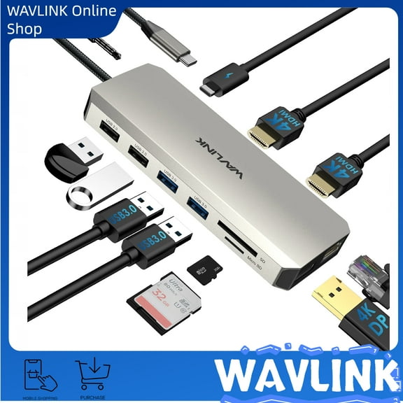 WAVLINK USB C Hub Triple Monitor, 12-in-1 Laptop Docking Station, Multiport Adapter for MacBook/Dell/HP/Lenovo